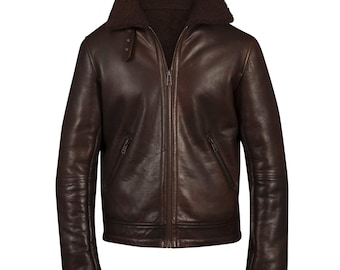 Men's Distressed Brown Sheepskin Leather Aviator Bomber Jacket