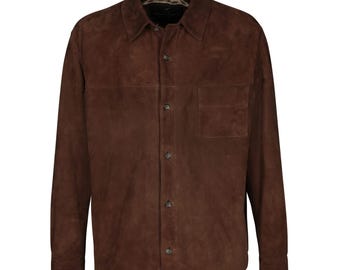 Genuine Goat Suede Leather Shirt Jacket | Chocolate Brown Overshirt | Mens Casual Button-Up Suede Coat