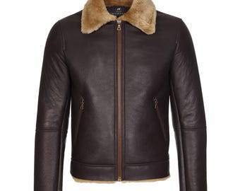 Men's Aviator Jacket | Dark Brown Sheepskin with Tan Shearling Collar | Luxury Winter Bomber Coat