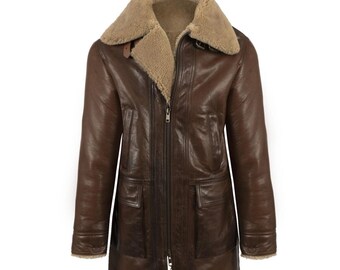 Genuine Sheepskin Leather Trench Coat | Brown Faux Shearling Lined Winter Coat | Long Aviator Jacket