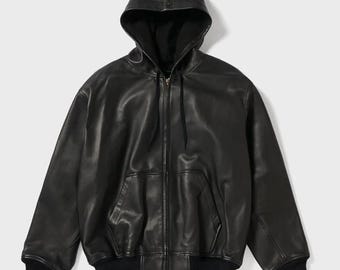 Genuine Cowhide Leather Hoodie Jacket | Black Oversized Leather Bomber | Luxury Streetwear Zip-Up Coat