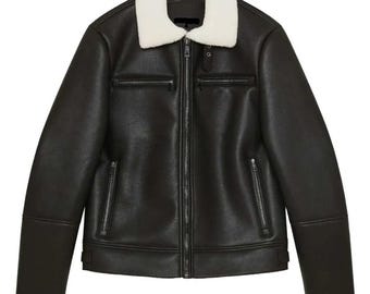 Men's Luxe Shearling Collar Sheepskin Leather Jacket | Aviator Style Bomber Jacket | Black Winter Coat