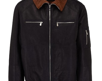 Brunello Cucinelli zwarte leren bomberjack met kraag van imitatiebont, vintage pilotenmodel