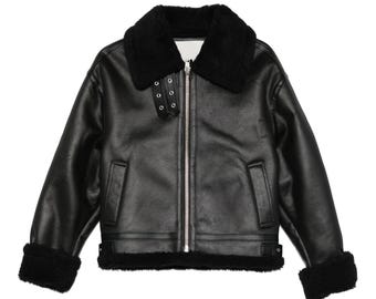 Women's Black Genuine Sheepskin Leather Jacket with Faux Shearling Lining: Handmade Bomber Coat
