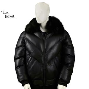 May include: A black leather jacket with a faux fur collar. The jacket features a quilted design and a zip closure. The text "Lux Jacket" is in the upper left corner.