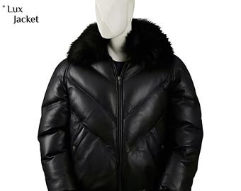 Goose Leather Bomber Jacket: Fox Collar Trim Hood