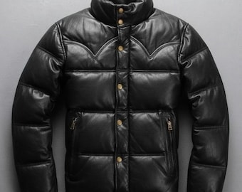 Men's Genuine Sheepskin Leather Down Puffer Jacket: Goose down Black Quilted Western Yoke