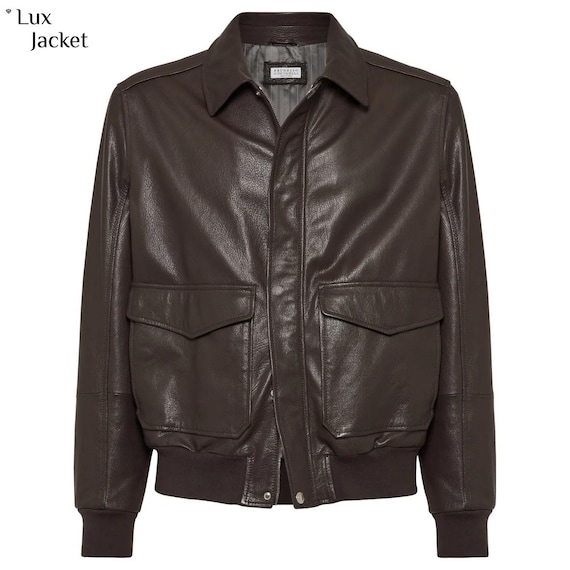 Brunello Cucinelli, Brunello Cucinelli Aviator leather jacket for Men: Sheepskin Brown Jacket