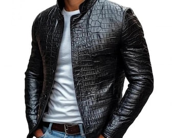 Men’s Designer Black Crocodile Pattern Jacket: Genuine Cowhide Leather Luxury Coat