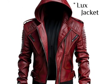 Handmade Red & Maroon Sheepskin Leather Biker Jacket: Hooded Motorcycle Style