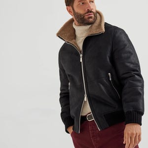 Nubuck-effect shearling bomber jacket with cashmere knit collar: Men's Luxury Jacket