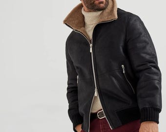 Brunello Cucinelli nubuck-effect shearling bomber jacket with cashmere knit collar: Men's Luxury Jacket