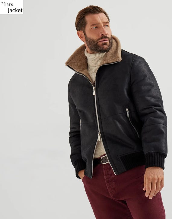 Brunello Cucinelli nubuck-effect shearling bomber jacket with rib knit collar: Men's Luxury Jacket