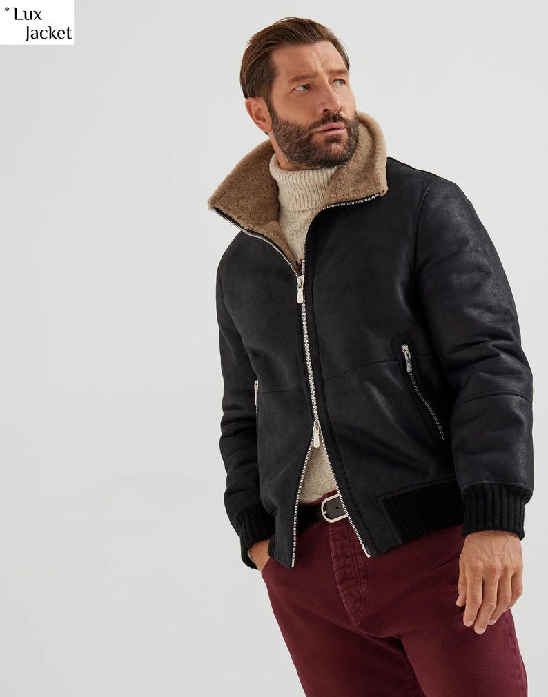 Nubuck-effect shearling bomber jacket with cashmere knit collar: Men's Luxury Jacket