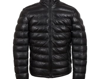 Men's Real Goose Down Puffer Sheepskin Leather Jacket: Quilted Winter Coat