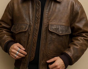 Vintage Brown Leather Bomber Jacket: Handmade Cowhide Aviator Style