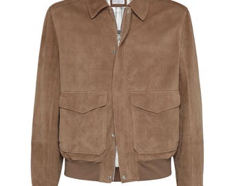 Brunello Cucinelli Aviator Suede Leather Jacket in Warm Brown - Luxe Italian Heritage Outerwear