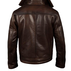 back view of Men's Distressed Brown Sheepskin Leather Jacket | Classic Aviator Shearling Collar Coat | Luxury Winter Bomber Jacket