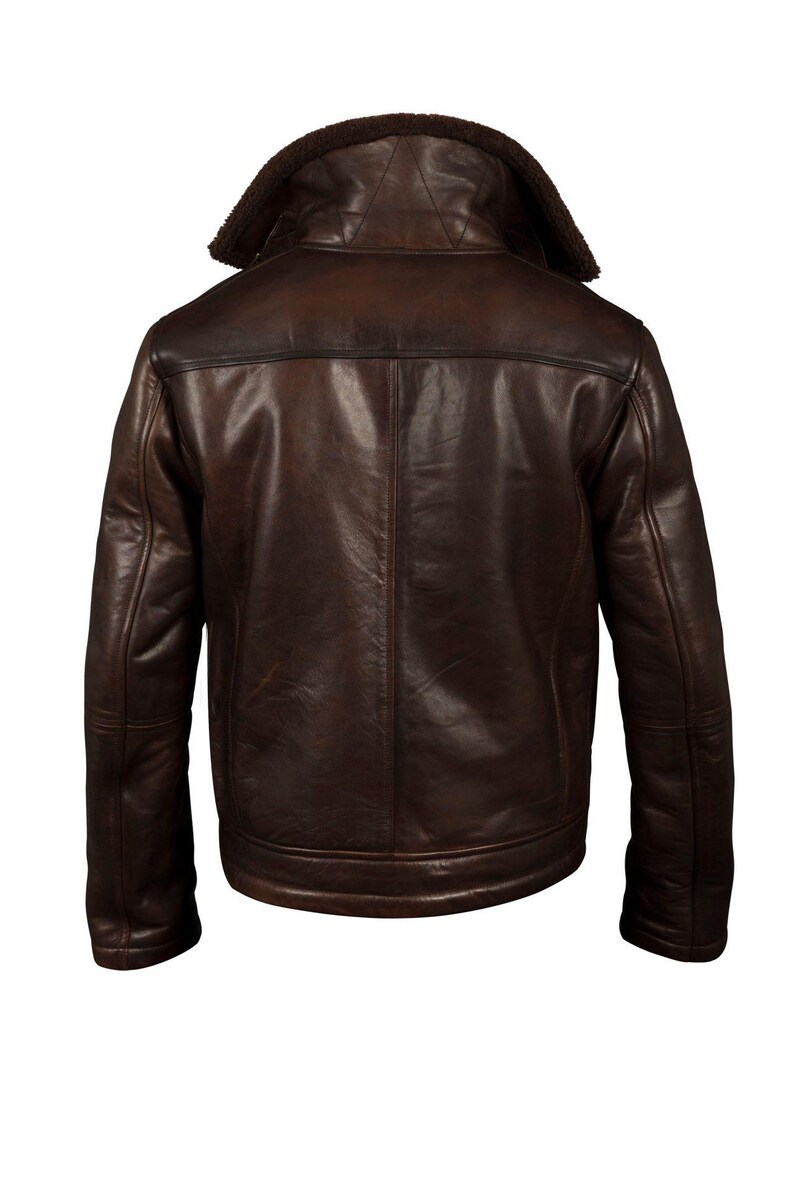 back view of Men's Distressed Brown Sheepskin Leather Jacket | Classic Aviator Shearling Collar Coat | Luxury Winter Bomber Jacket
