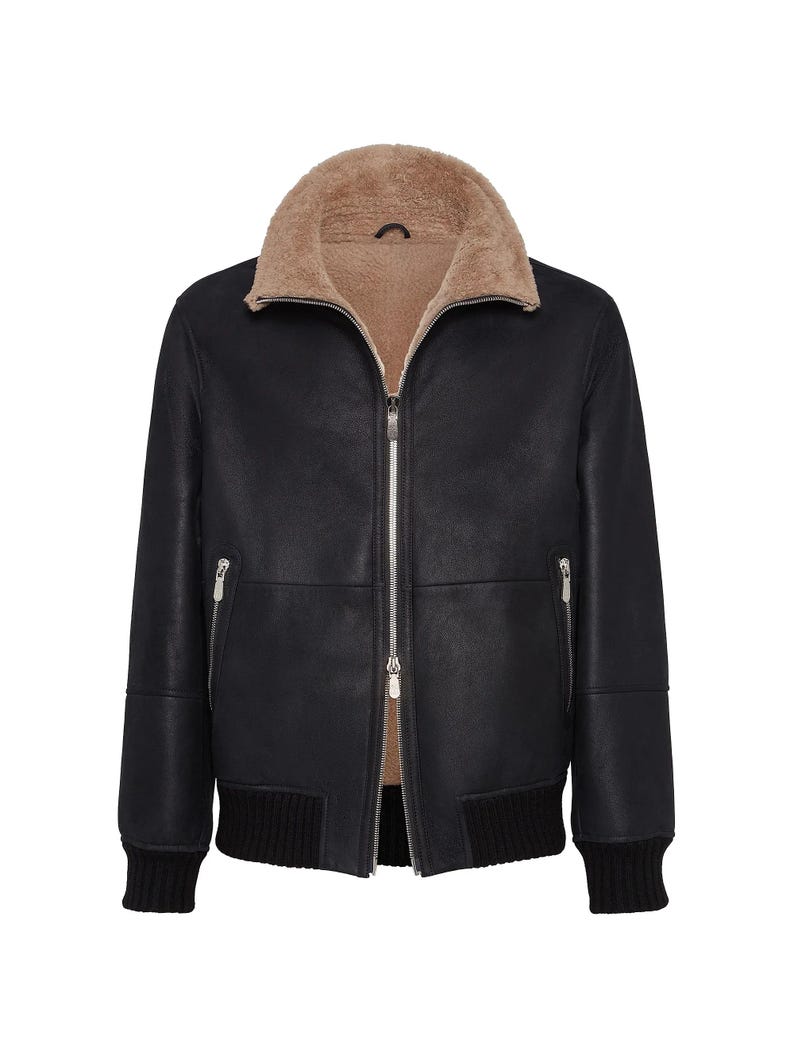 Brunello Cucinelli nubuck-effect shearling bomber jacket with rib knit collar: Men's Luxury Jacket image 6