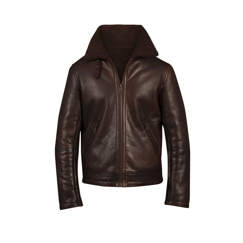 Men's Distressed Brown Sheepskin Leather Jacket | Classic Aviator Shearling Collar Coat | Luxury Winter Bomber Jacket