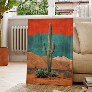 art mural cactus vintage, impression d'art rétro western cactus, illustration western bohème, art mural cactus botanique du désert, décoration murale western
