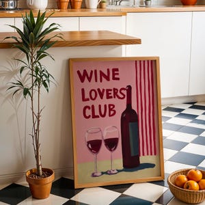Wine Lovers Club decor barwagen, trendy wijnposter, moderne keukenmuurkunst, cadeau wijnliefhebbers, keukengalerij kunst aan de muur