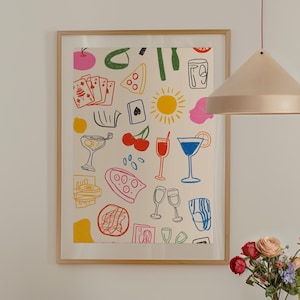 Minimalistische dinervoedselkunst, Maximalistische keukengalerij muurkunst, tablescape keuken illustratieposters, retro dinertafelposter