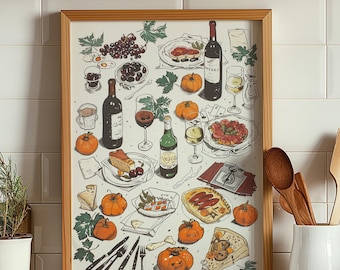 Retro eettafel print, keuken eten en drinken illustraties poster, barwagen print, eetkamer esthetische galerij wanddecoratie, keuken poster