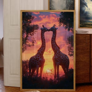 Niedliches Giraffen Paar Poster, Romantische Giraffe Leinwand Poster, Schlafzimmer Tier Kunst, Gemütliche Wanddekoration, Romantisches niedliches Tier Poster