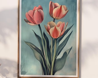 Sztuka kwiatów w stylu vintage tulipany, sztuka w sypialni, plakat z tulipanami w odcieniach ziemi, wydruki botaniczne, elegancki wydruk artystyczny z kwiatami, sztuka ścienna na płótnie
