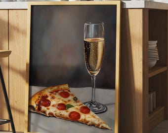 Champagneposter met pizza, cadeau champagneliefhebber, pizzadoek, cocktailposter, keukenmuurkunst, decor barwagen, eigenzinnige grillige kunst
