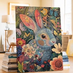 William Morris Inspired Rabbit Canvas, Rustic Farmhouse Decor, Fine Art Decor, Antique Bunnies Print, Living Room Floral Rabbit Wall Art
