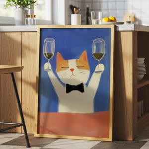 Plakat „Cat Cheers”, wydruk „Cheers”, wydruk do jadalni, prezent dla miłośnika kotów, sztuka ścienna do kuchni, sztuka w barze, nowoczesny wydruk estetyczny