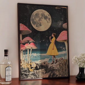 Art surréaliste rétro, impression d'art champignon, art mural galerie, affiche champignon surréalisme, décoration murale trippy surréalisme vintage, décoration carte de bar