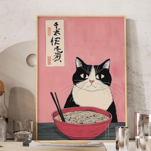 Kat eten ramen kunst aan de muur met roze achtergrond, ingelijste kattenkeuken decor, kunst aan de muur Japanse keuken, eigenzinnige kat print, noodle minnaar cadeau