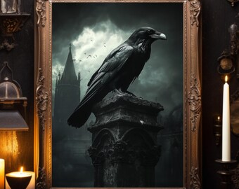 Vintage Raven Art, Gothic Decor Dark Academia Artwork Retro Art, The Crow Canvas Wall Art, Wildlife Painting, Moody Wall Art, Room Decor