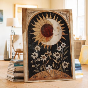 Mystical Sunflower and Moon Art, Boho Spiritual Wall Decor, Earthy Vintage Flower Canvas, Bedroom and Living Room Bohemian Wall Art