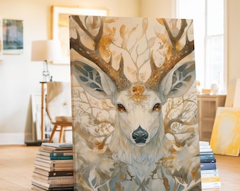 Mystical Deer Wall Art, Deer Framed Canvas Wall Art Stag with Floral Background Painting Print Rustic Wall Decor, Living Room Decor
