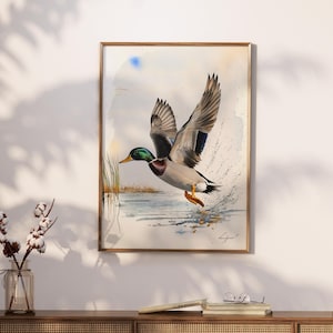 Decorazione murale con anatra volante, decorazione murale all'aria aperta per papà, regalo per cacciatori di uccelli, dipinto rustico di anatra da fattoria, decorazione murale con anatra volante