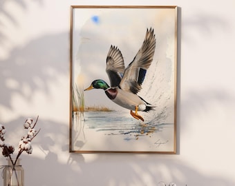 Decorazione murale con anatra volante, decorazione murale all'aria aperta per papà, regalo per cacciatori di uccelli, dipinto rustico di anatra da fattoria, decorazione murale con anatra volante