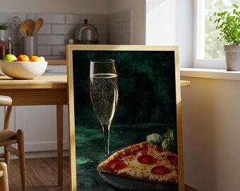 Canvas Champagne en pizza, cocktailkunstposter, keukenmuurkunst, decor barwagen, eigenzinnige grappige grillige barwagenposter, poster champagne, keukenmuurkunst