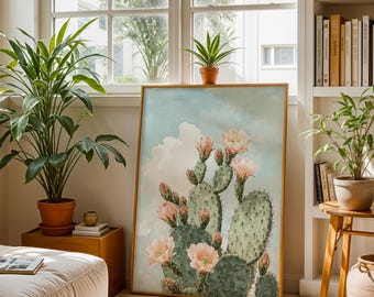 Vintage Prickly Pear Cactus Print, Cactus Wall Art, Living Room Art Print Cactus Sunburst Art,  Arizona Wall Art, Saguaro Cactus Art