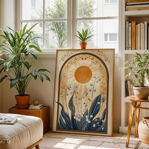 Minimalistyczna kwiatowa sztuka ścienna, mistyczna sztuka ludowa, plakat ze sztuką słońca z konwalią, duchowy wydruk boho słońca w odcieniach ziemi