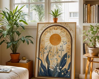 Minimalist Flowery Botanical Wall Art, Mystical Folk Art, Sun Art Poster with Lily of the Walley, Earth Tone Boho Sun Spiritual Print