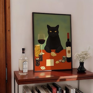 Affiche chat joueur, chat buvant du vin, affiches d'art uniques chat murales, art mural noir amusant, affiche de cartes à jouer chat