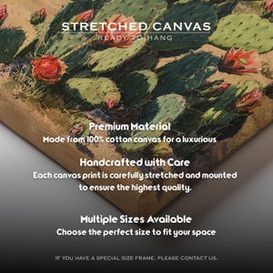 May include: Stretched canvas art print featuring a close-up of a cactus with red flowers. The canvas is made of premium cotton and is ready to hang. The text on the canvas reads "Stretched Canvas, Ready to Hang".
