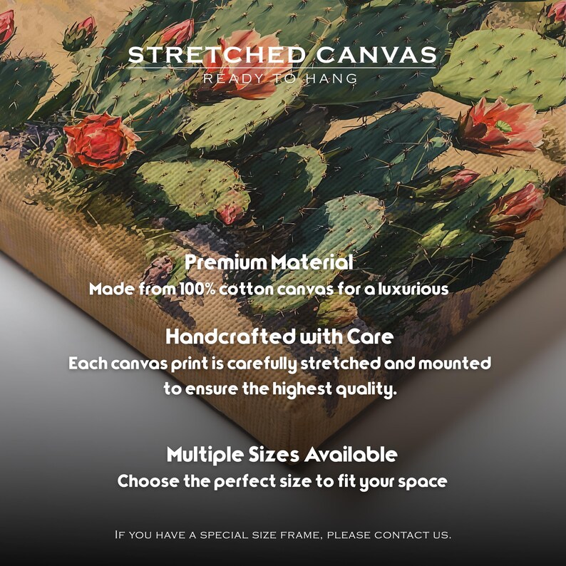 May include: Stretched canvas art print featuring a close-up of a cactus with red flowers. The canvas is made of premium cotton and is ready to hang. The text on the canvas reads "Stretched Canvas, Ready to Hang".