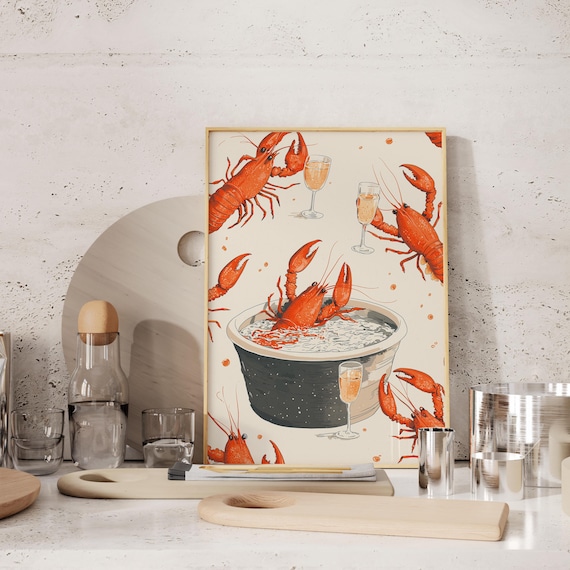 Lobster Print Trendy Wall Poster Beach House Decor, Seafood Art Print, Bar Cart Print, Dining Aesthetic Gallery Wall Decor, Kitchen Poster