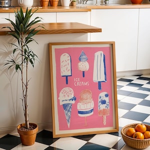 Rosa Eiscreme-Plakat, Eistüte-Plakat, ein cooler und bunter Geschmack des Sommers, niedliches Retro Eis am Stiel-Plakat, Sommerdessert-Illustration